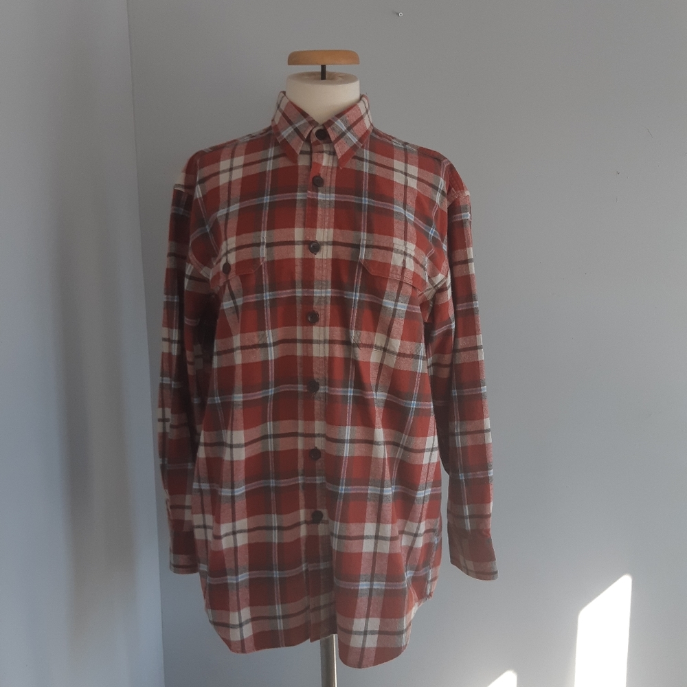 Midtown Plaid Shirt Button Down Short Sleeve Red White Mens Size L